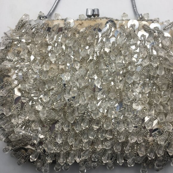 Vintage Beaded Sequin Clutch Evening Bag Wedding Snap White Made Hong Kong Purse - Picture 4 of 16